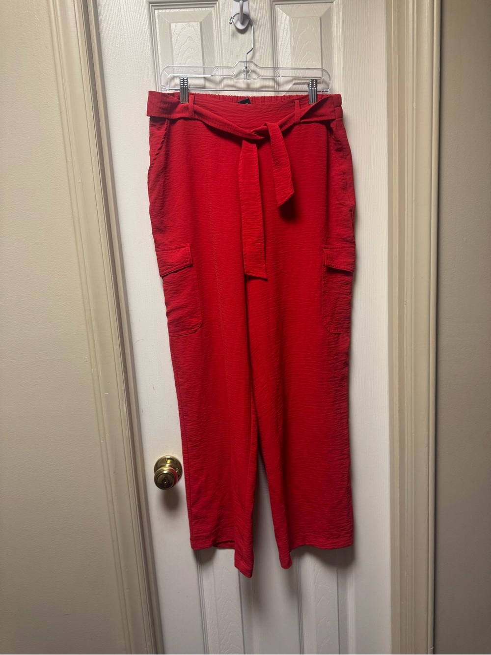 Soho Red Tie-Waist Wide-Leg Cargo Pants